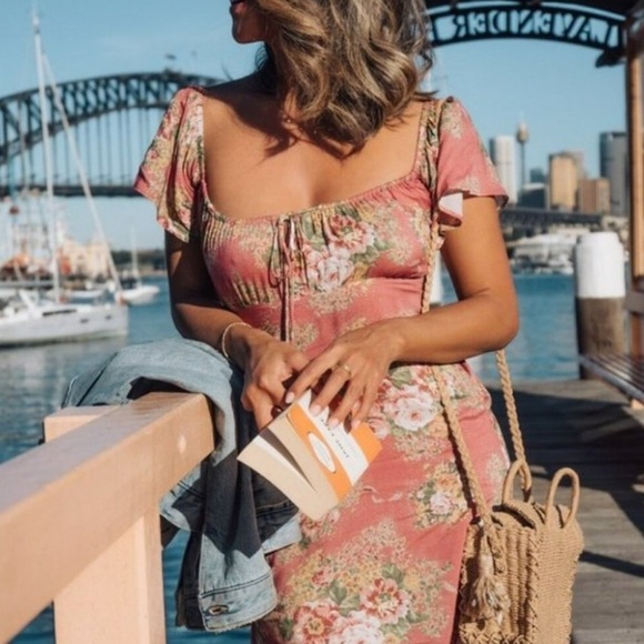 Auguste the Label Bonnie Beachside Peasant Mini Dress Peach Pink Floral 6 - Picture 3 of 16